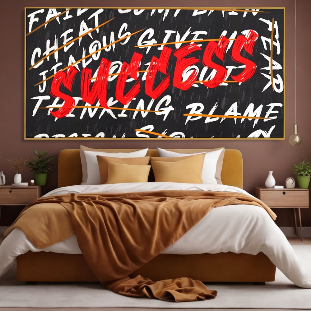 Tablou canvas cu tablou motivational negru cu text rosu, in rama de aluminiu auriu, pe perete intr-un dormitor